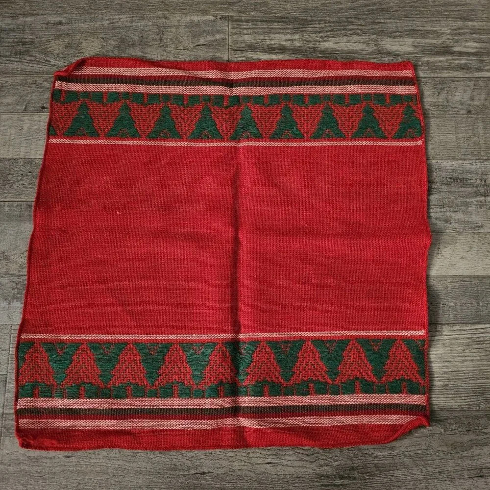 VTG Scandinavian Red w/ Green Stitched Trees Set 6 Square Napkins Christmas